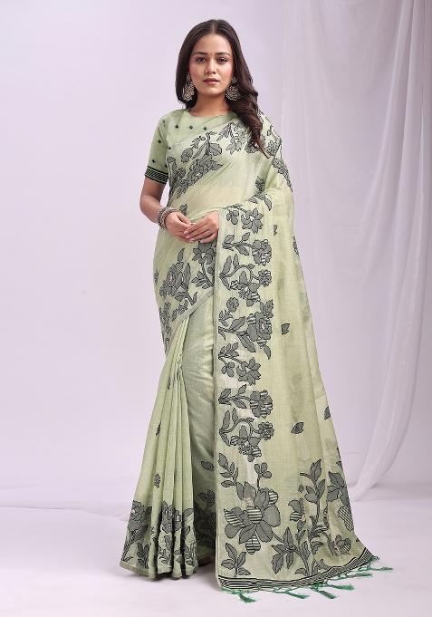 Green Floral Print Linen Saree Set