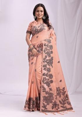 Peach Floral Print Linen Saree Set