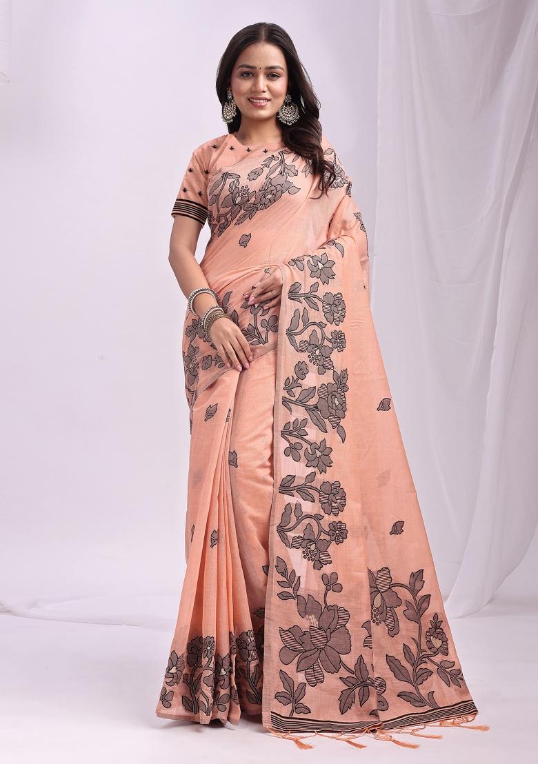 Peach Floral Print Linen Saree Set - Indya