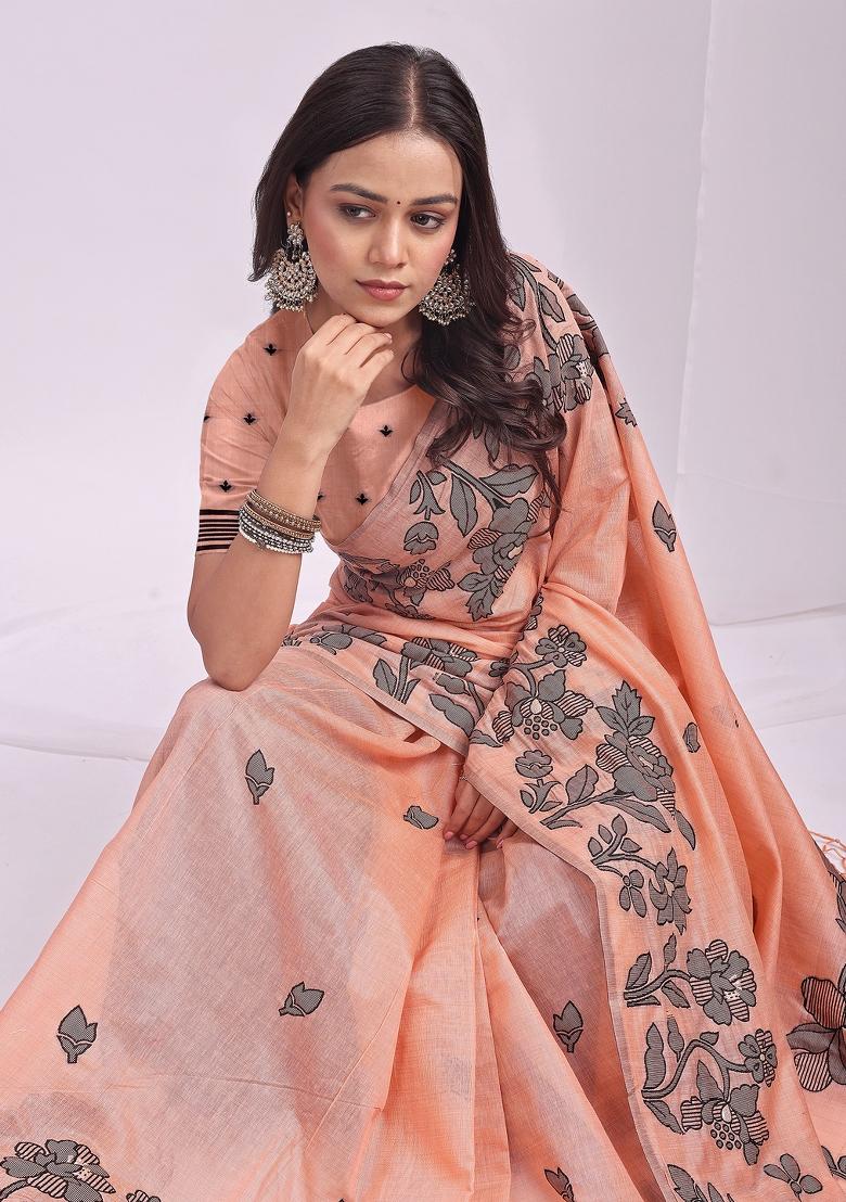 Peach Floral Print Linen Saree Set - Indya