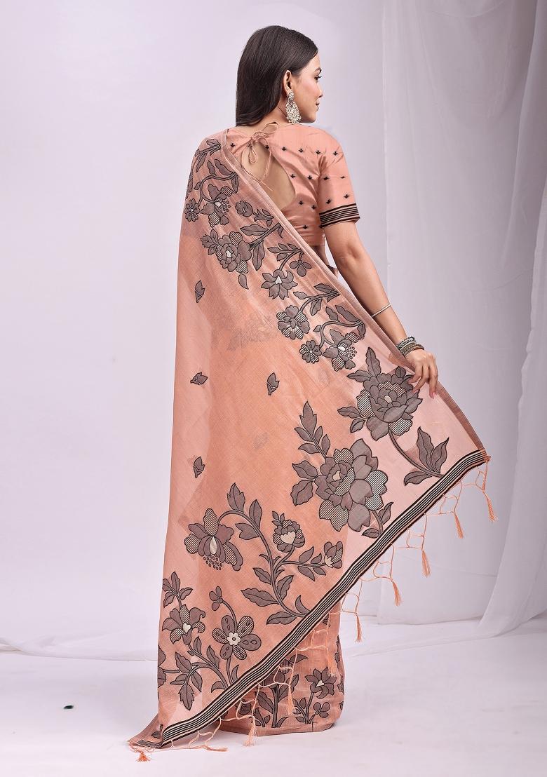 Peach Floral Print Linen Saree Set - Indya
