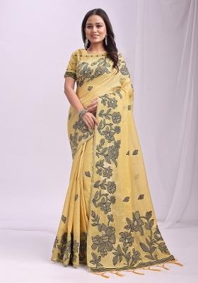 Yellow Floral Print Linen Saree Set