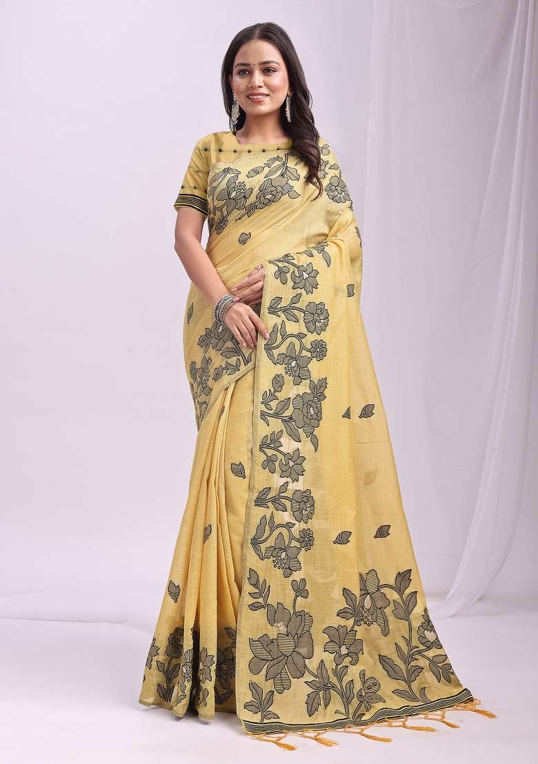 Yellow Floral Print Linen Saree Set for Diwali and Festive Wear - Indya