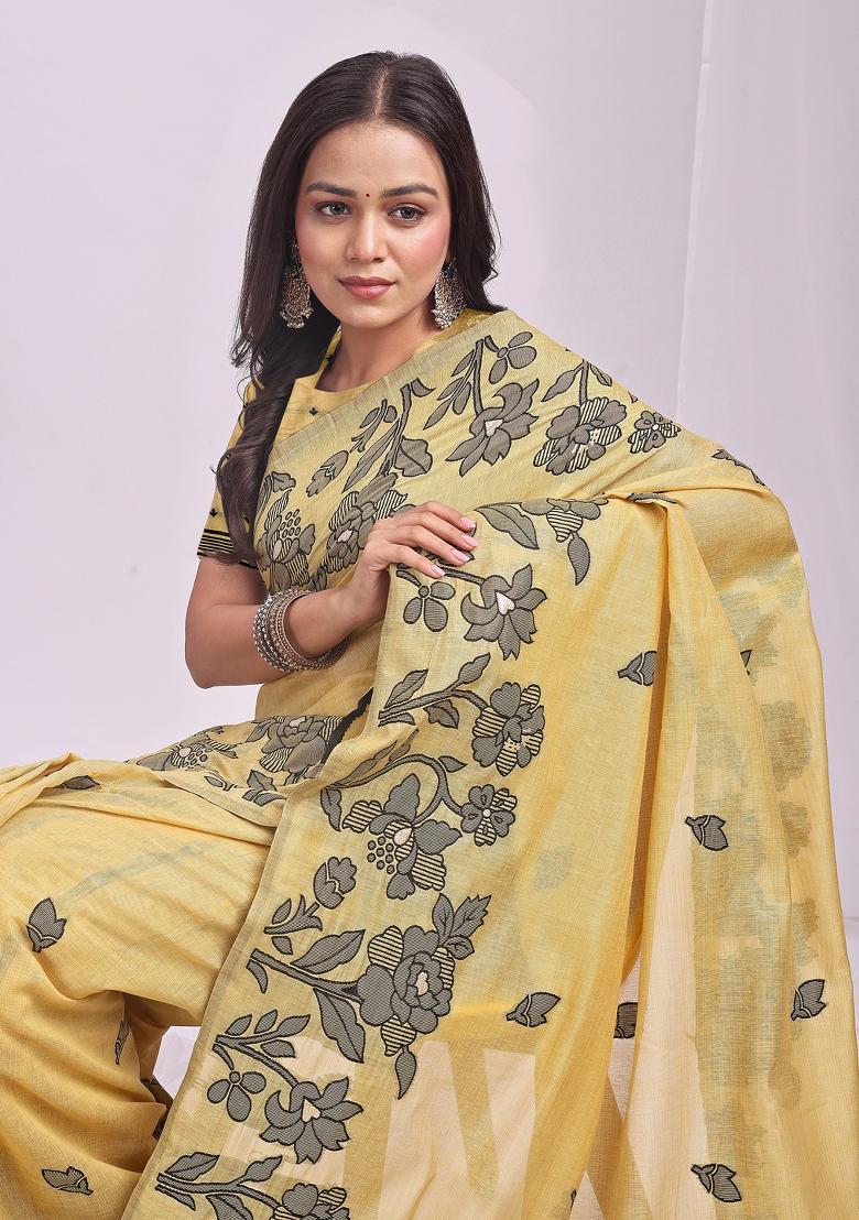 Yellow Floral Print Linen Saree Set - Indya