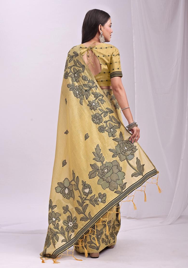 Yellow Floral Print Linen Saree Set - Indya