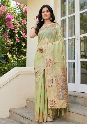 Green Zari Work Linen Saree Set