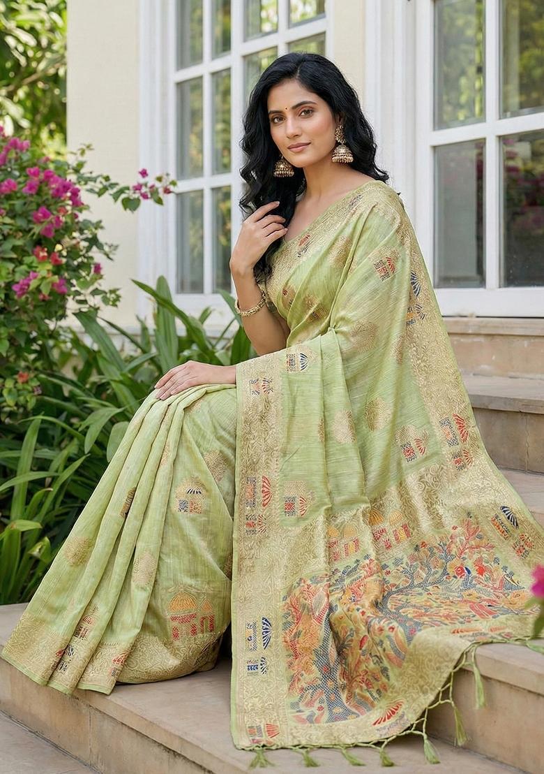 Green Zari Work Linen Saree Set - Indya