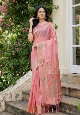 Pink Zari Work Linen Saree Set