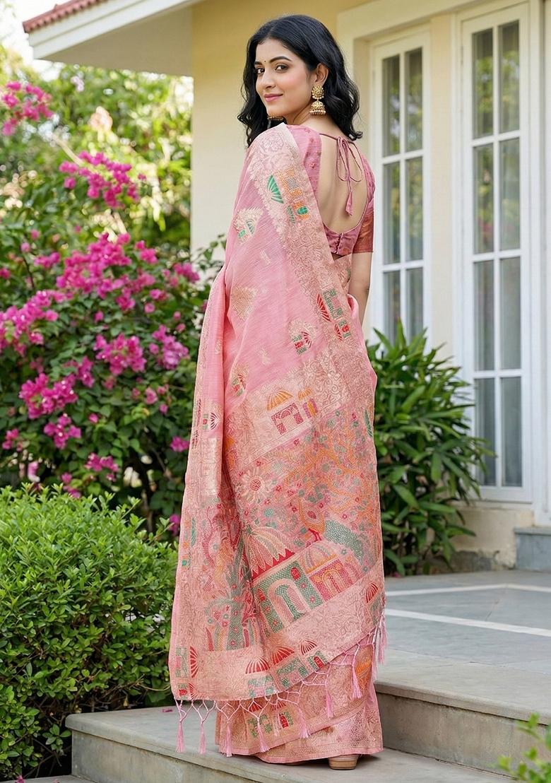 Pink Zari Work Linen Saree Set - Indya