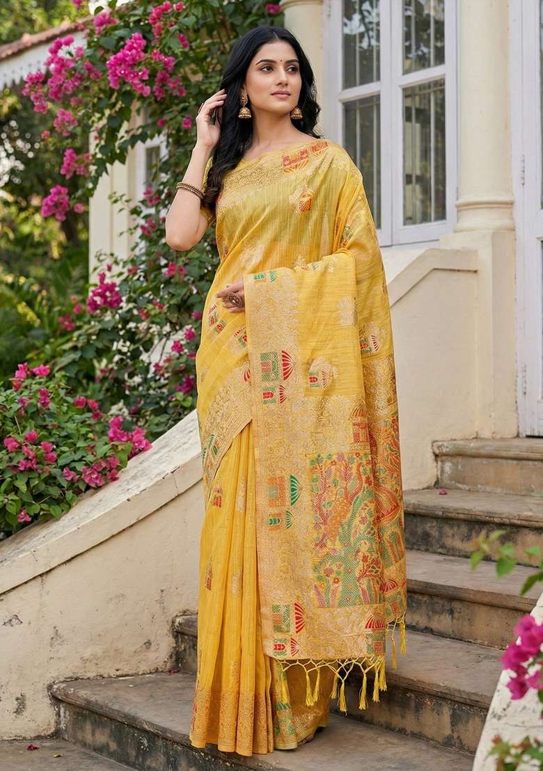 Yellow Zari Work Linen Saree Set for Diwali and Festive Wear - Indya