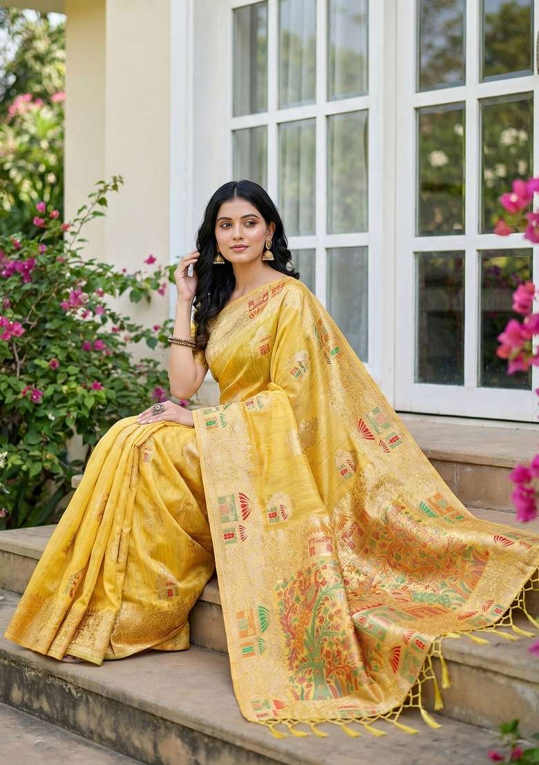 Yellow Zari Work Linen Saree Set for Diwali and Festive Wear - Indya