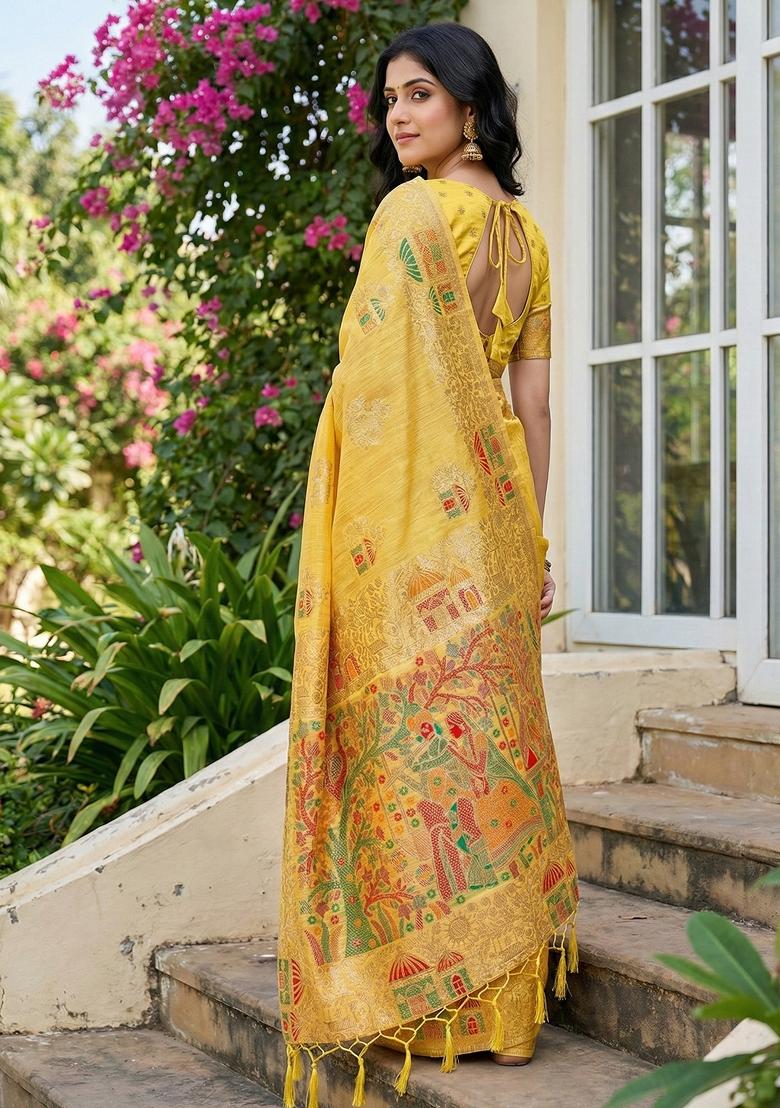 Yellow Zari Work Linen Saree Set - Indya