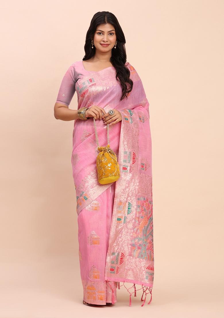 Pink Zari Work Linen Saree Set - Indya