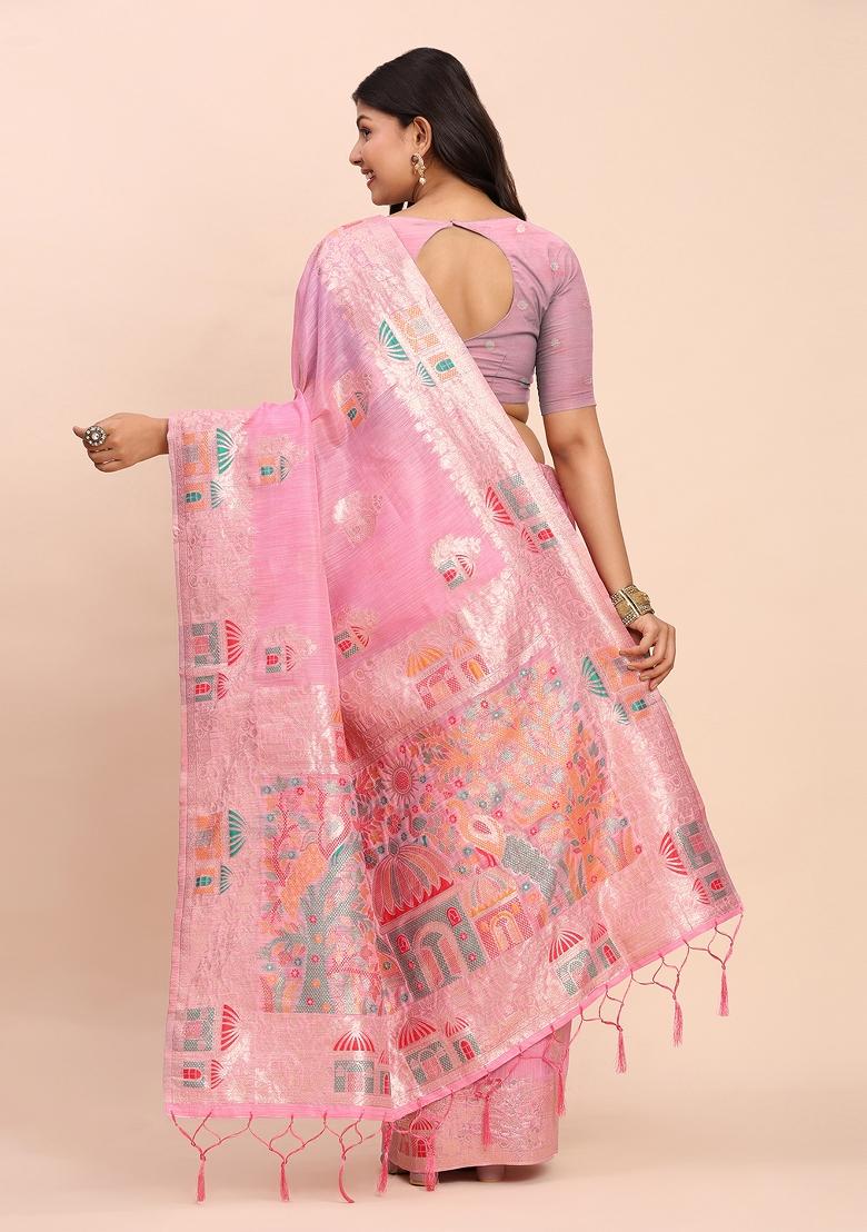 Pink Zari Work Linen Saree Set - Indya
