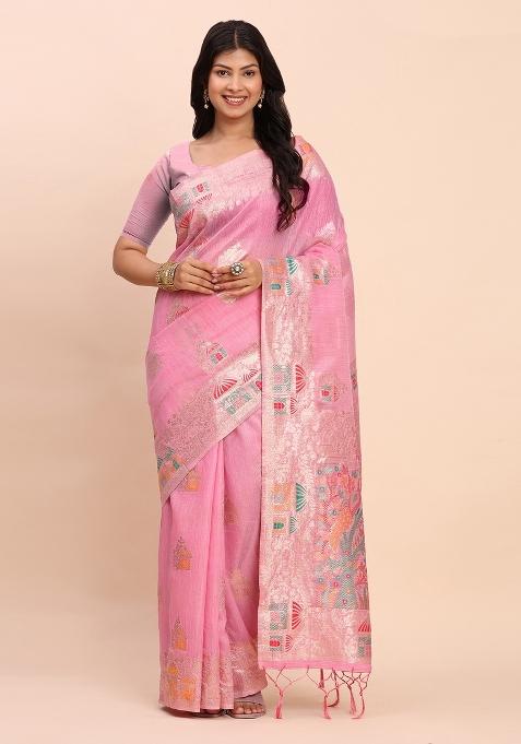Pink Zari Work Linen Saree Set