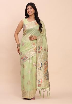 Rama Green Zari Work Linen Saree Set