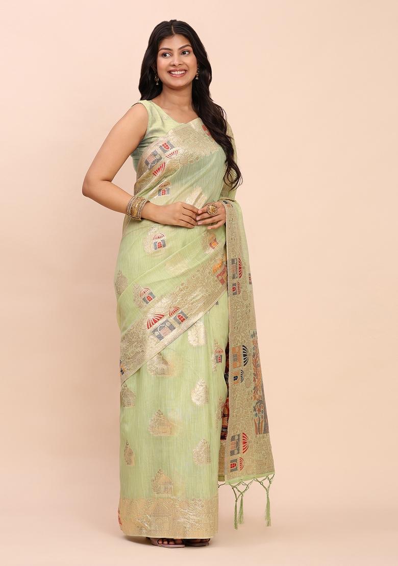 Rama Green Zari Work Linen Saree Set - Indya