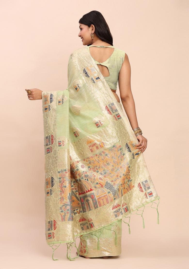 Rama Green Zari Work Linen Saree Set - Indya