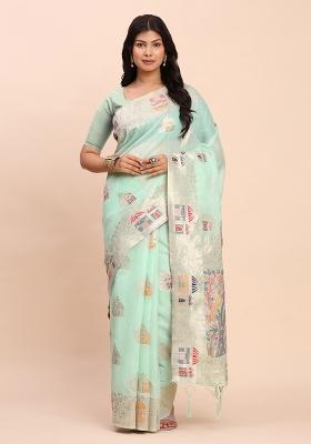 Sky Blue Zari Work Linen Saree Set