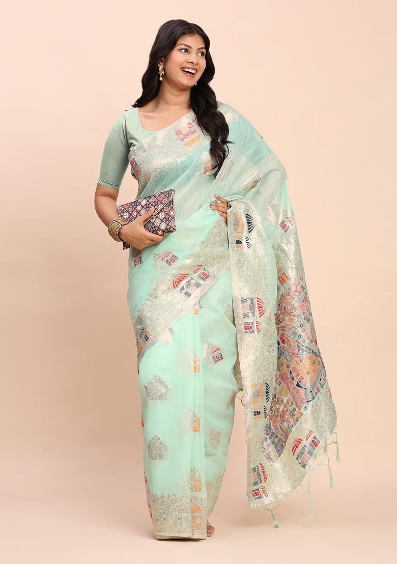 Sky Blue Zari Work Linen Saree Set - Indya