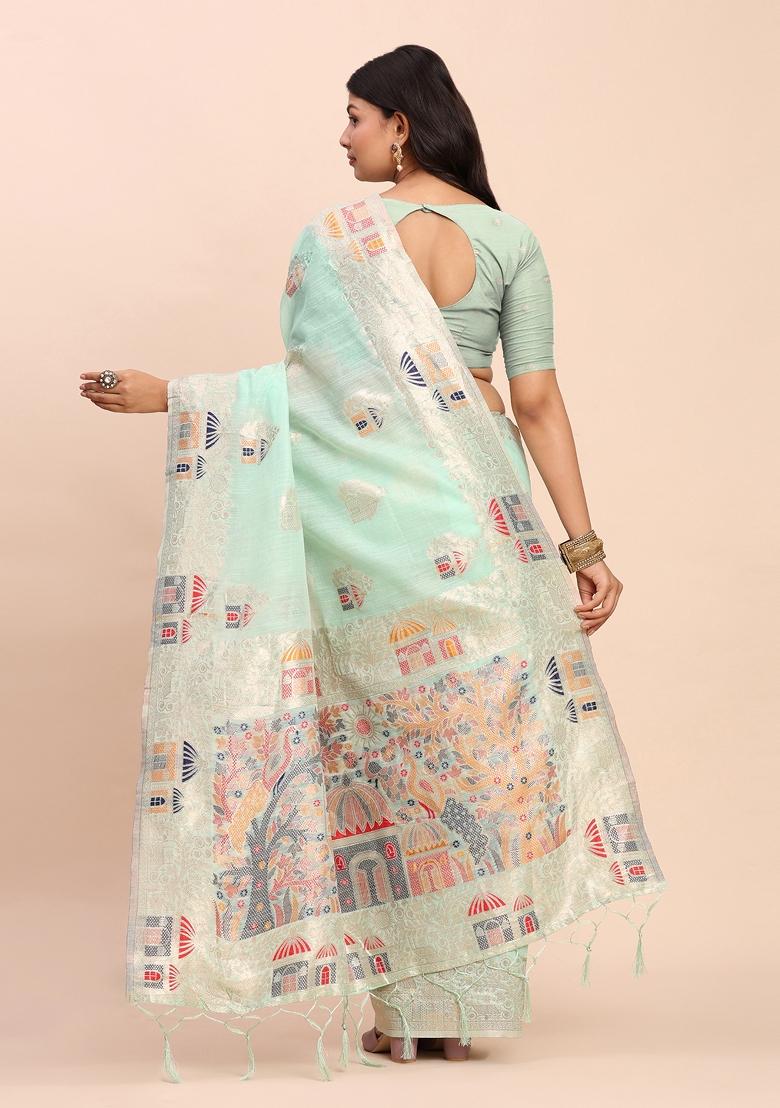 Sky Blue Zari Work Linen Saree Set - Indya