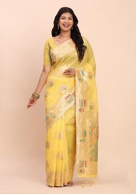 Yellow Zari Work Linen Saree Set