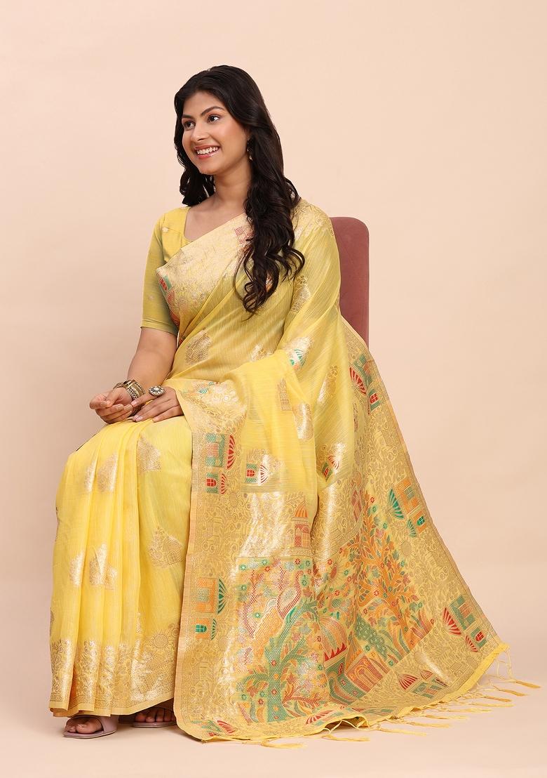 Yellow Zari Work Linen Saree Set - Indya