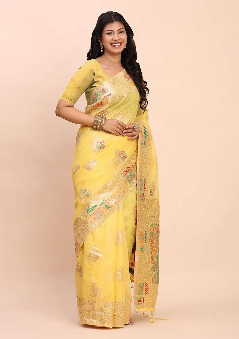Yellow Zari Work Linen Saree Set for Diwali and Festive Wear - Indya