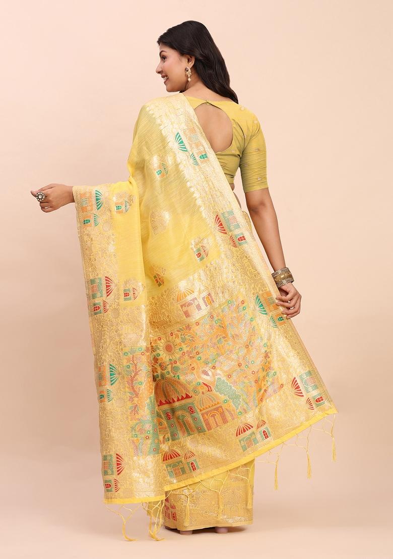 Yellow Zari Work Linen Saree Set - Indya