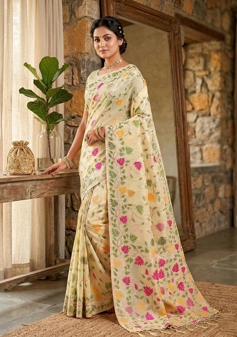 Cream Zari Work Linen Saree Set - Indya
