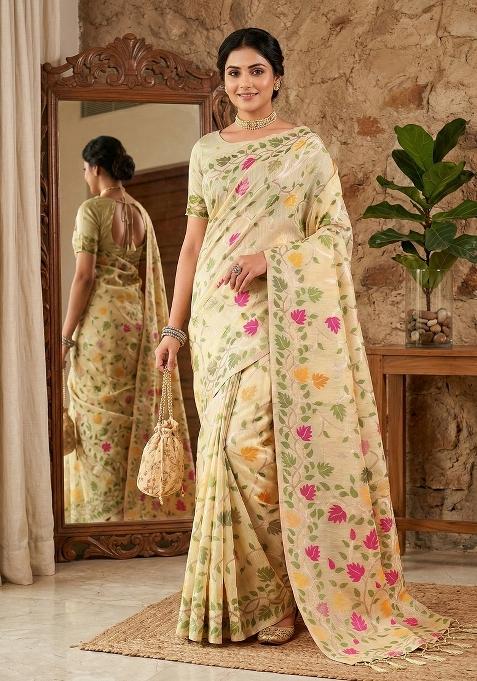 Cream Zari Work Linen Saree Set — view on Indya