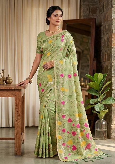 Green Zari Work Linen Saree Set — view on Indya