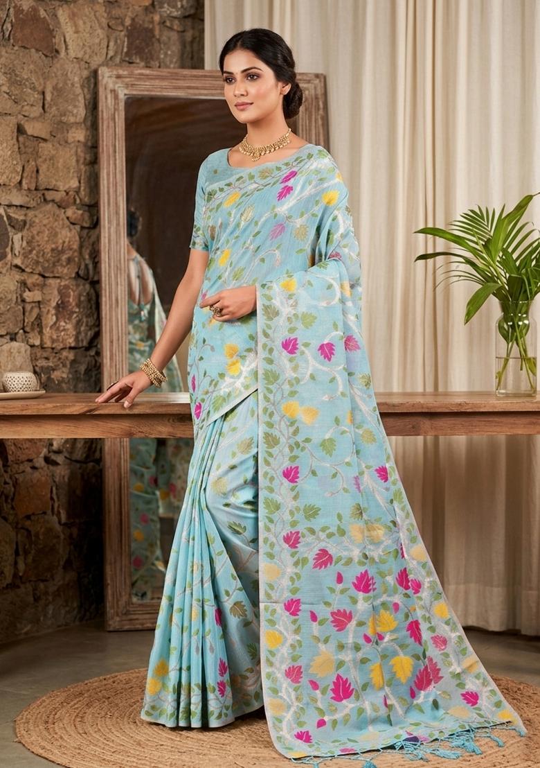 Sky Blue Zari Work Linen Saree Set - Indya