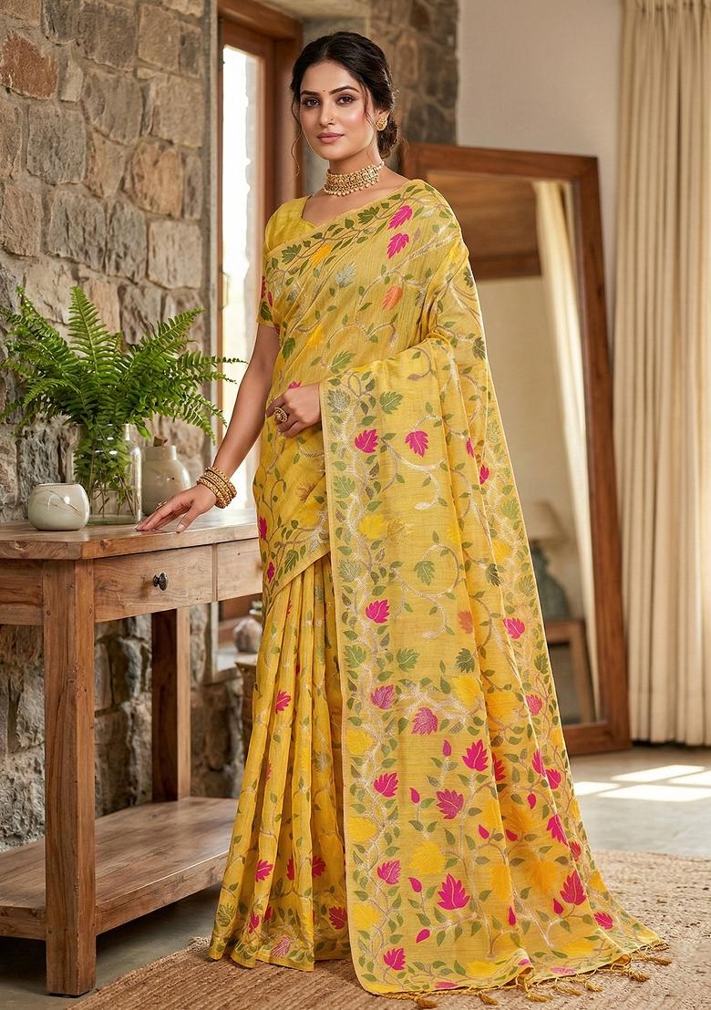 Yellow Zari Work Linen Saree Set - Indya