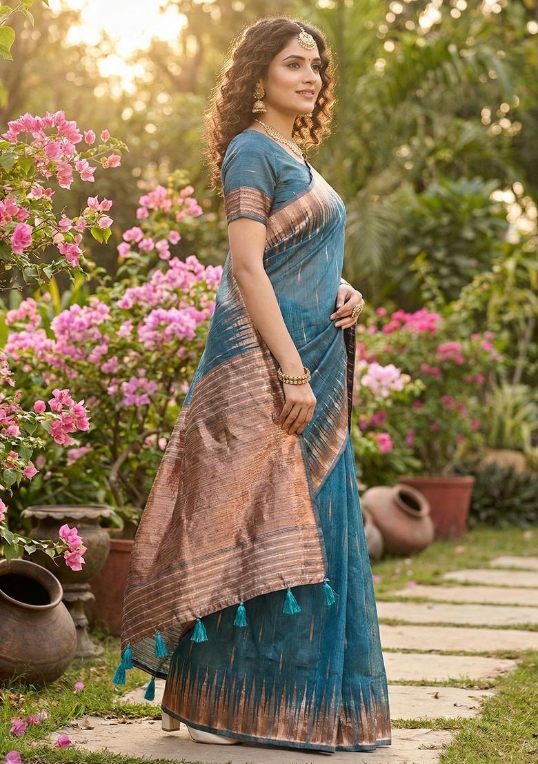 Blue Zari Work Linen Saree Set - Indya