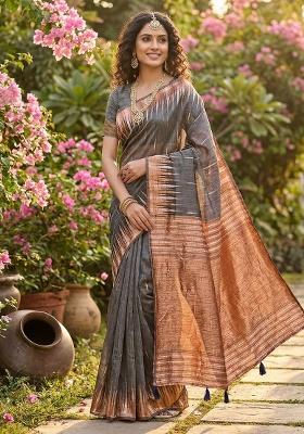 Grey Zari Work Linen Saree Set