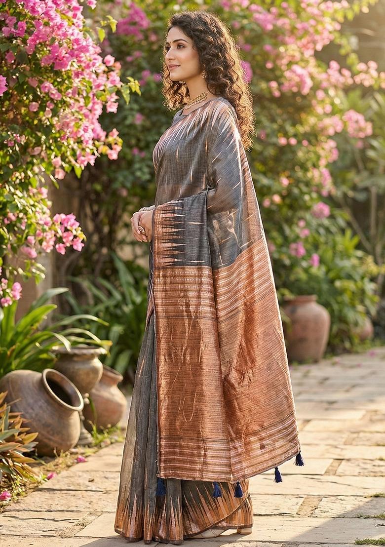 Grey Zari Work Linen Saree Set - Indya