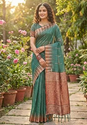 Mehendi Zari Work Linen Saree Set