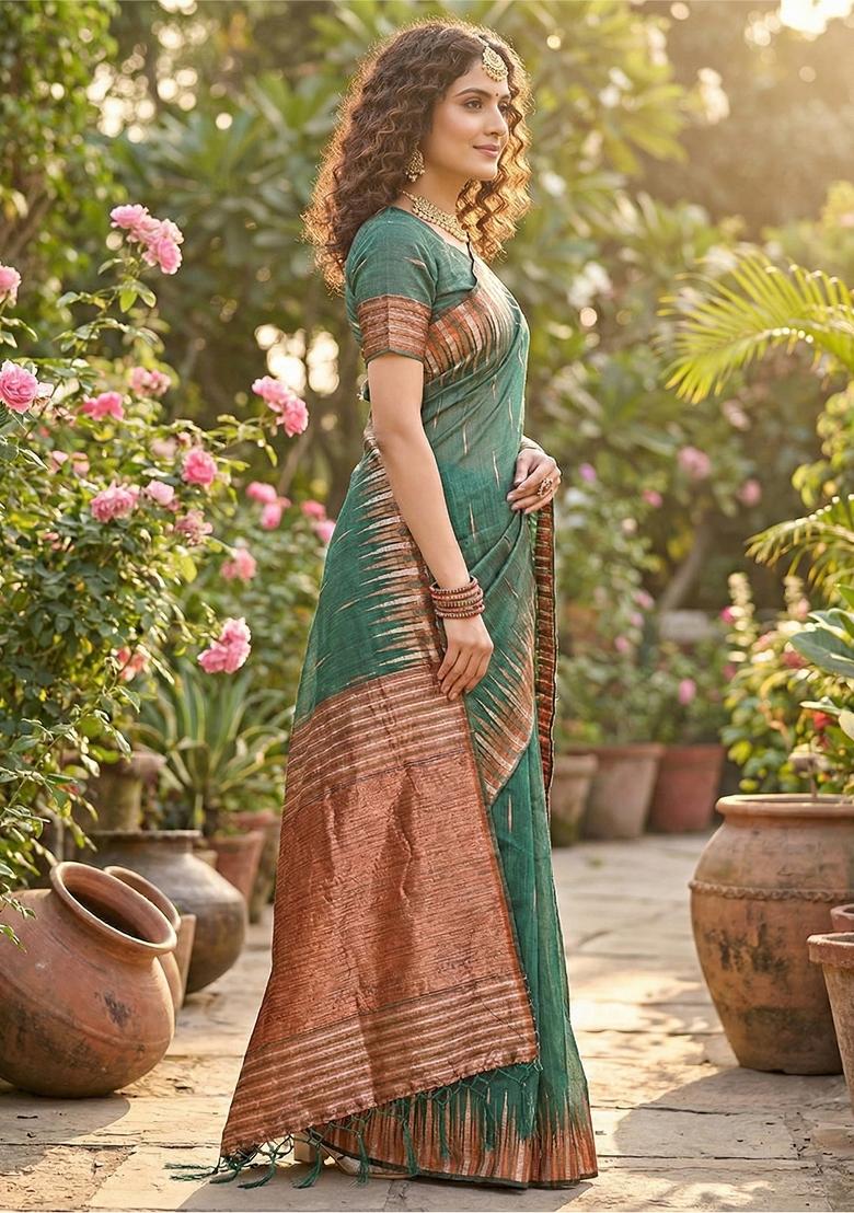 Mehendi Zari Work Linen Saree Set - Indya