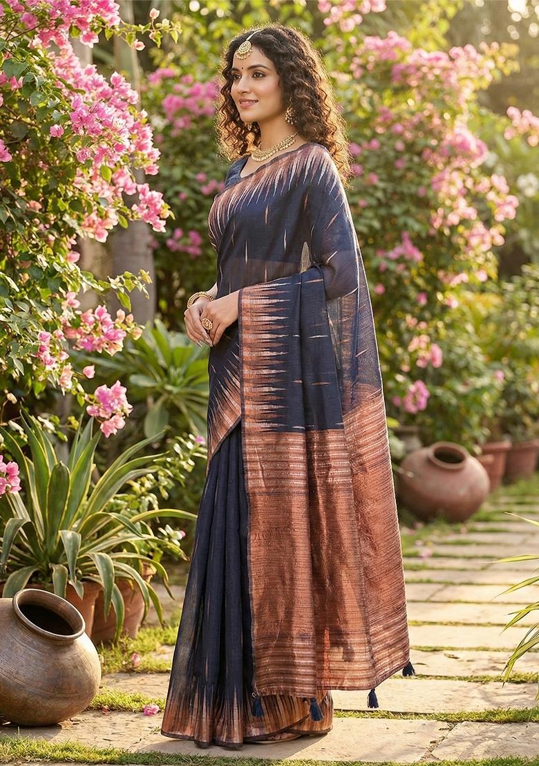Navy Blue Zari Work Linen Saree Set - Indya