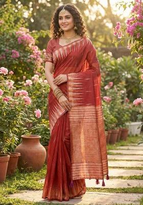 Red Zari Work Linen Saree Set