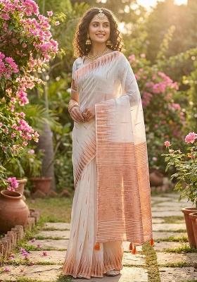 White Zari Work Linen Saree Set