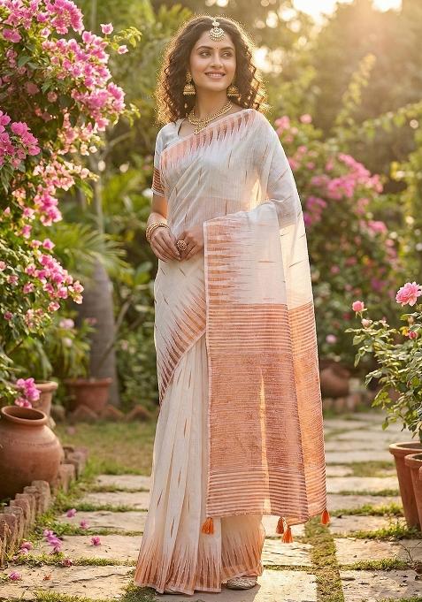 White Zari Work Linen Saree Set