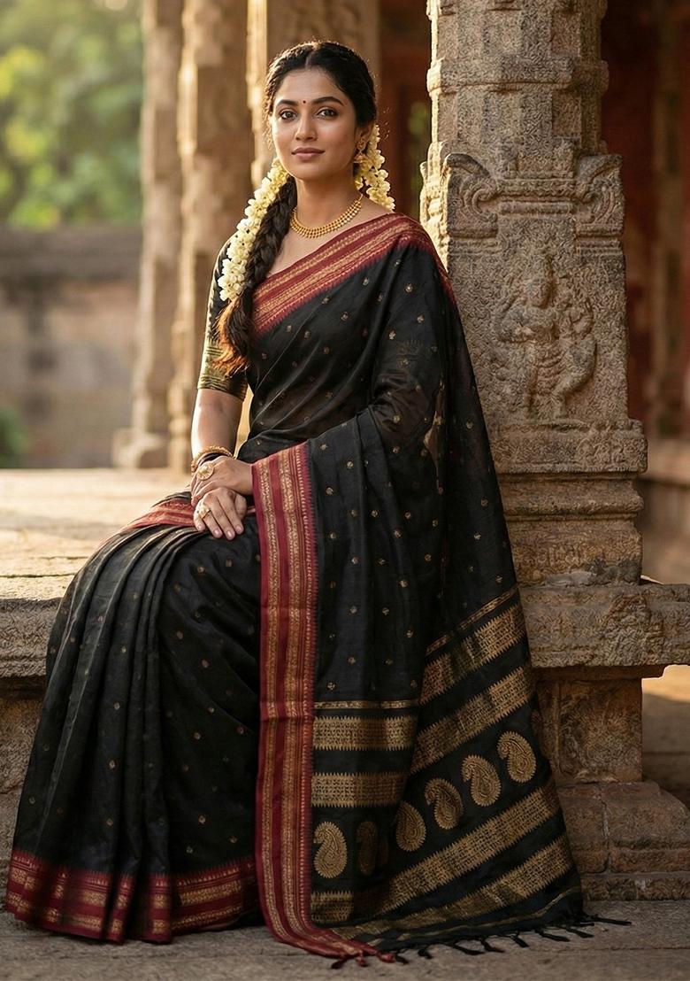 Black Zari Work Silk Saree Set - Indya