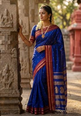 Dark Blue Zari Work Silk Saree Set