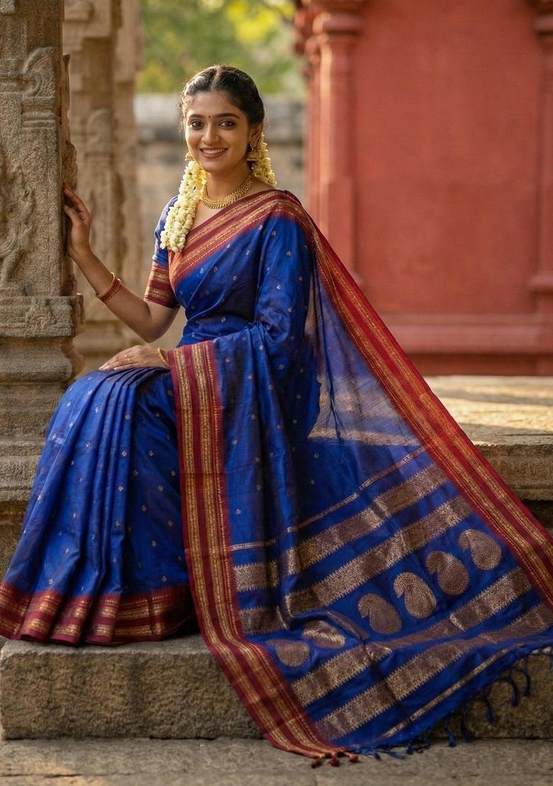 Dark Blue Zari Work Silk Saree Set - Indya