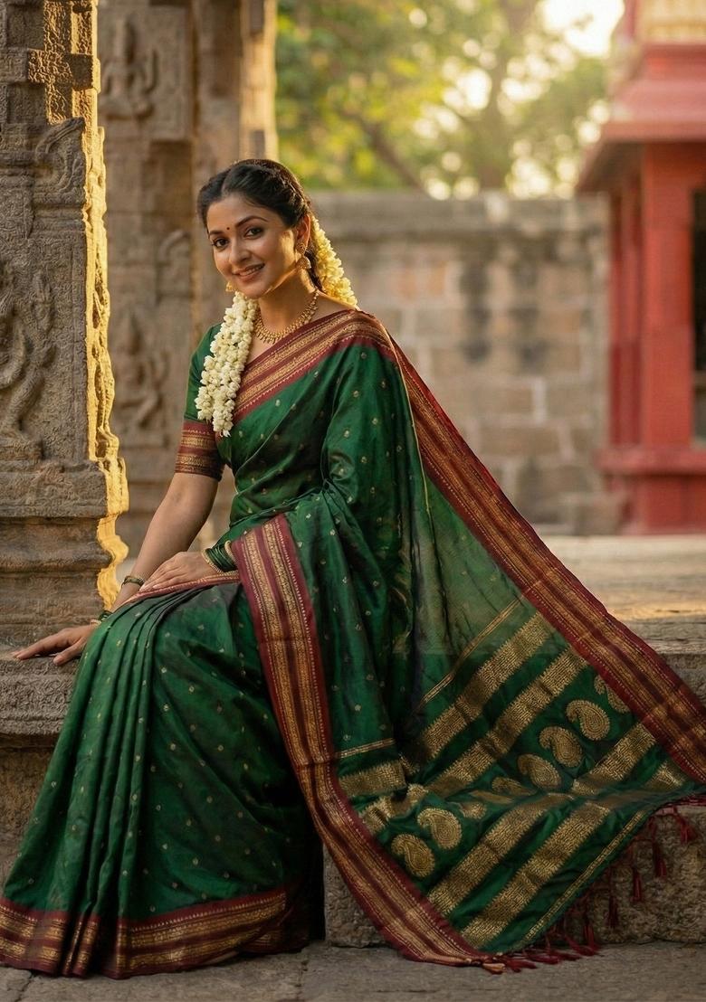 Dark Green Zari Work Silk Saree Set - Indya