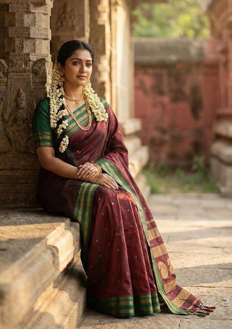 Maroon Zari Work Silk Saree Set - Indya