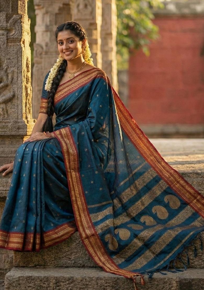 Teal Zari Work Silk Saree Set - Indya