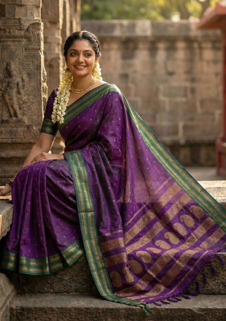 Violet Zari Work Silk Saree Set - Indya